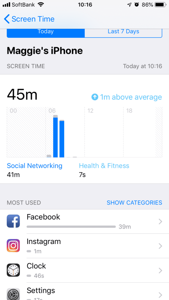 A screen shot of the Apple screen time app